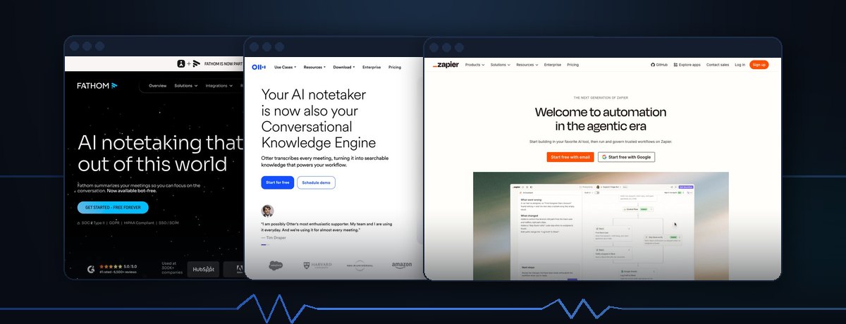Homepages of Fathom, Otter.ai, Zapier