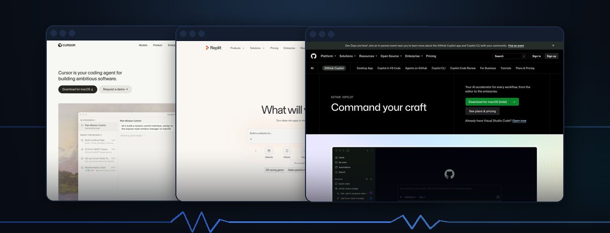 Homepages of Cursor, Replit, GitHub Copilot