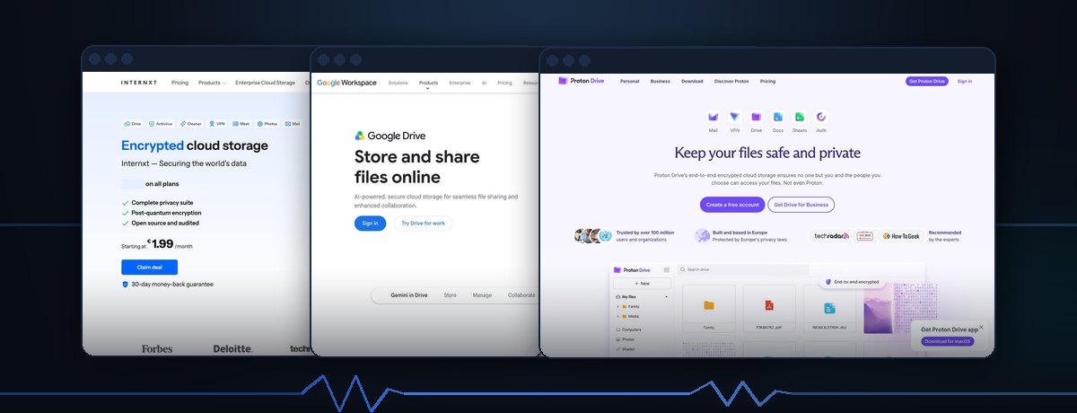 Homepages of Internxt, Google Drive, Proton Drive