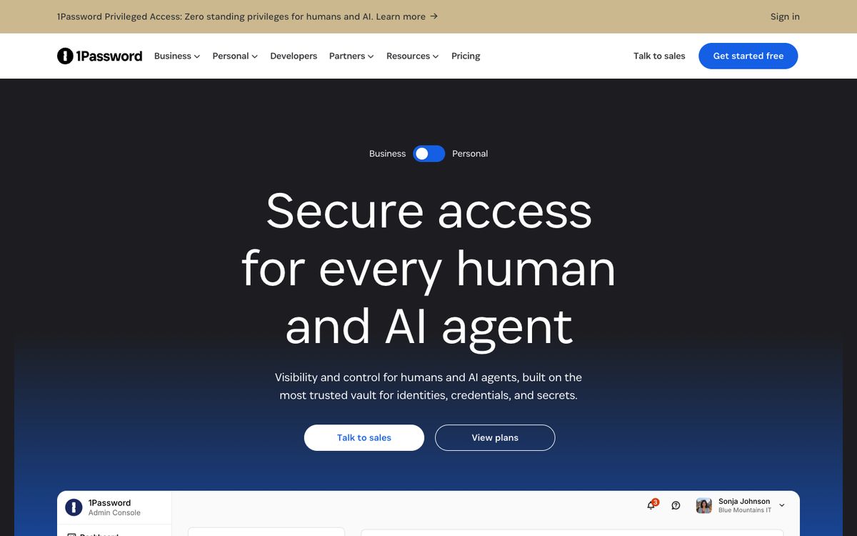 Screenshot of the 1Password homepage