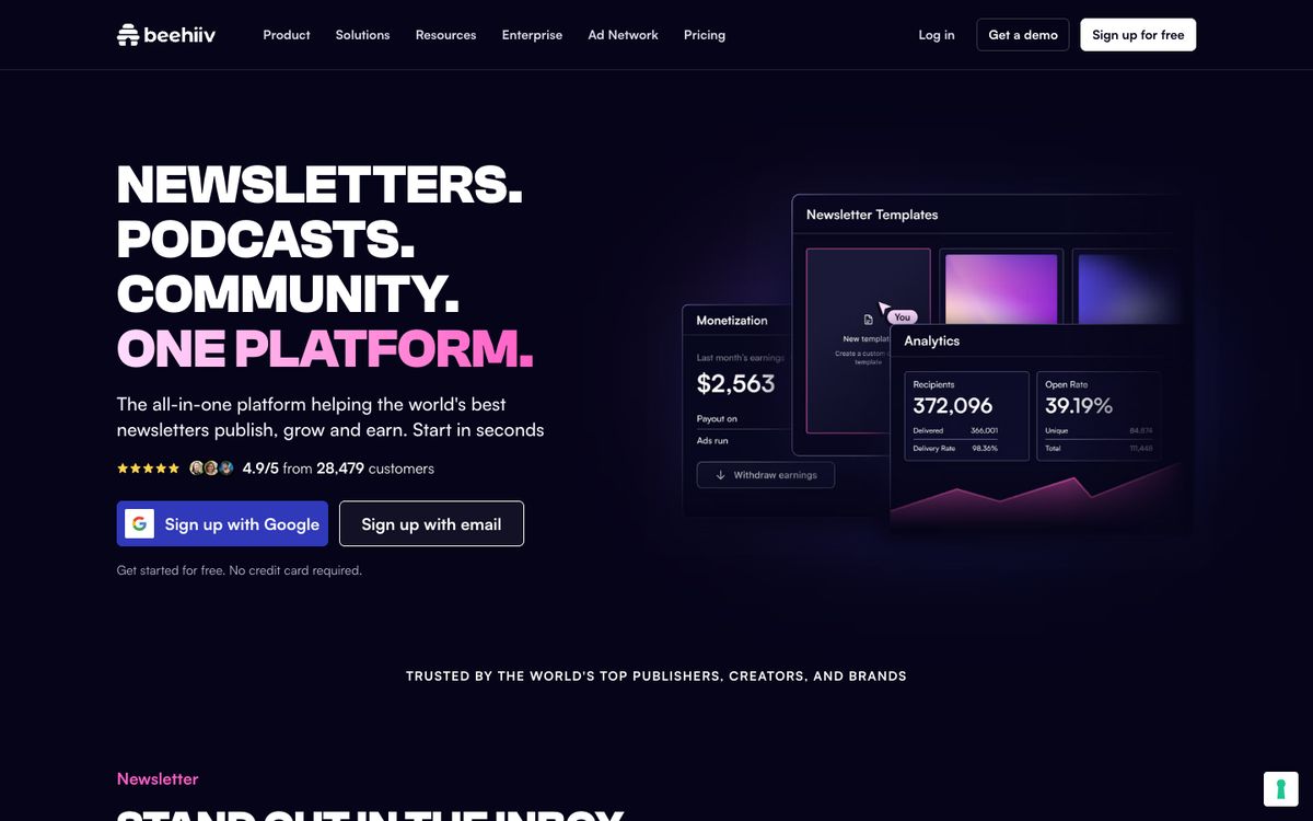 Screenshot of the beehiiv homepage