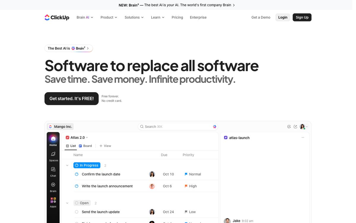 Screenshot of the ClickUp homepage