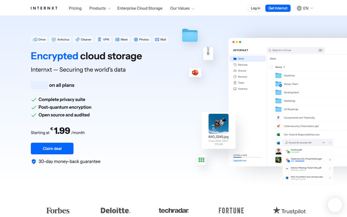 Screenshot of the Internxt homepage