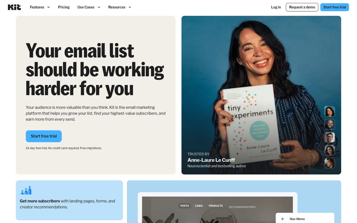 Screenshot of the Kit homepage