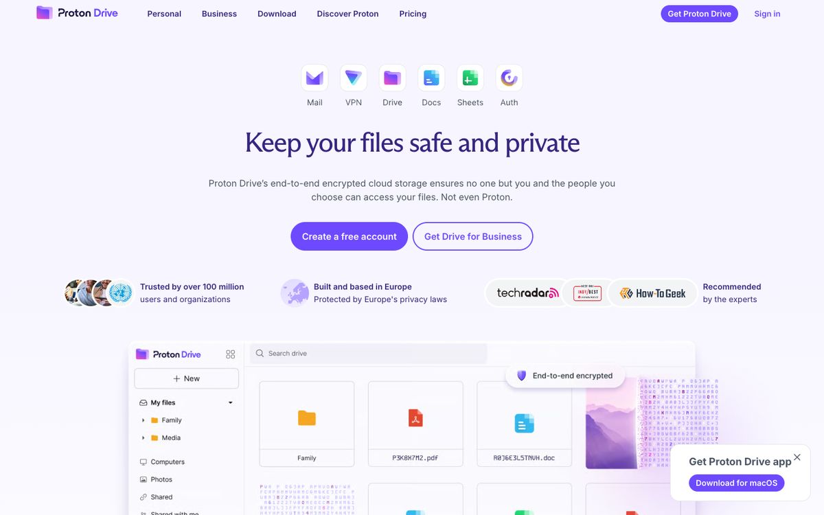 Screenshot of the Proton Drive homepage