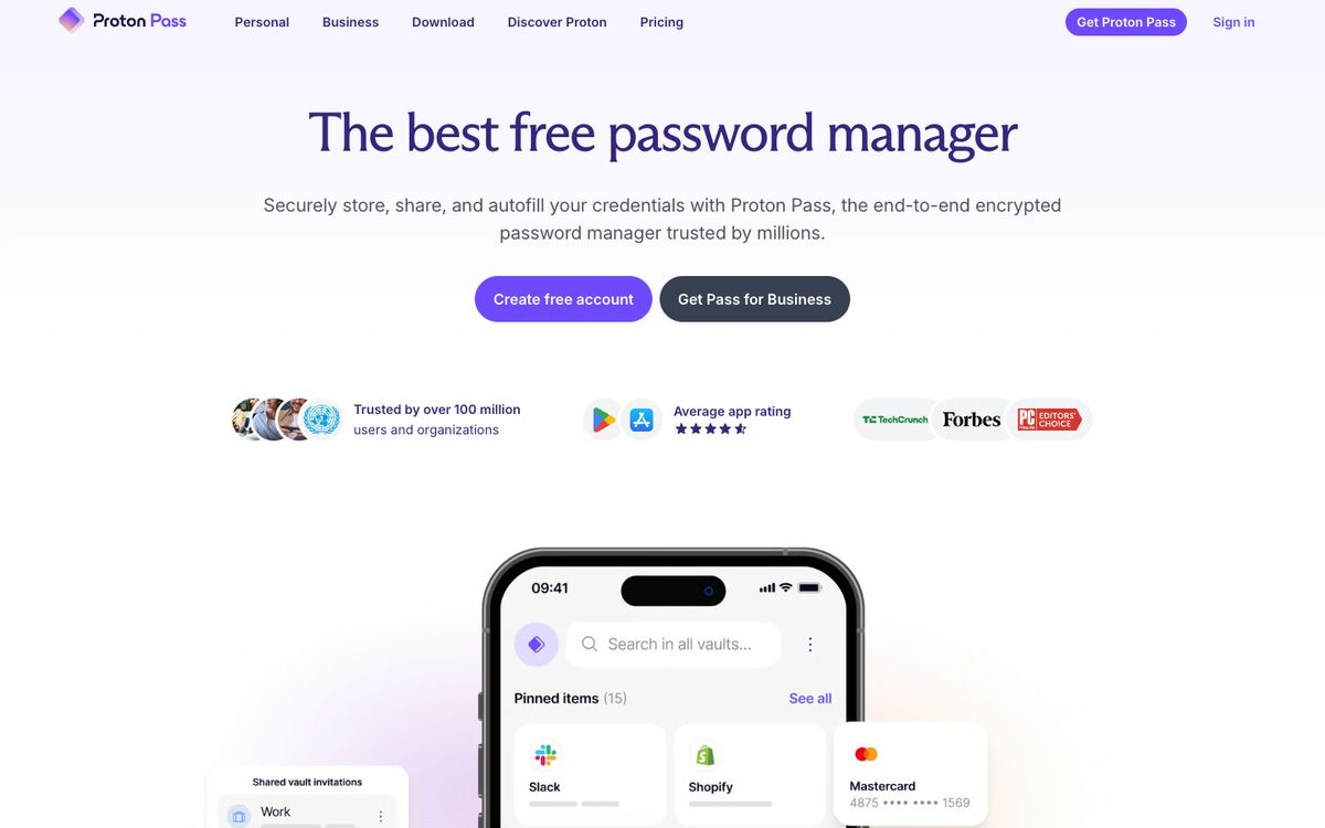 Screenshot of the Proton Pass homepage