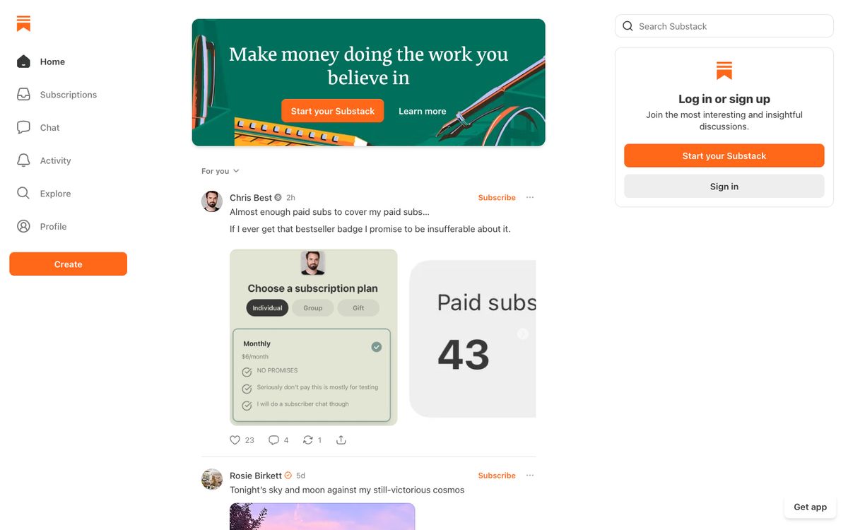 Screenshot of the Substack homepage